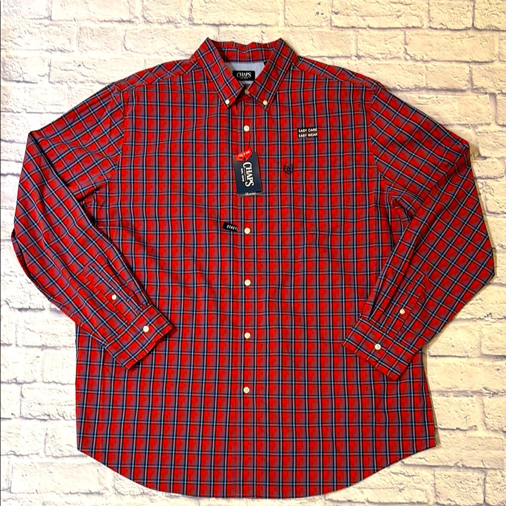 Chaps Easy Care Long Sleeve Button Down Shirt Red Blue Plaid Size 2XL Tall NWT